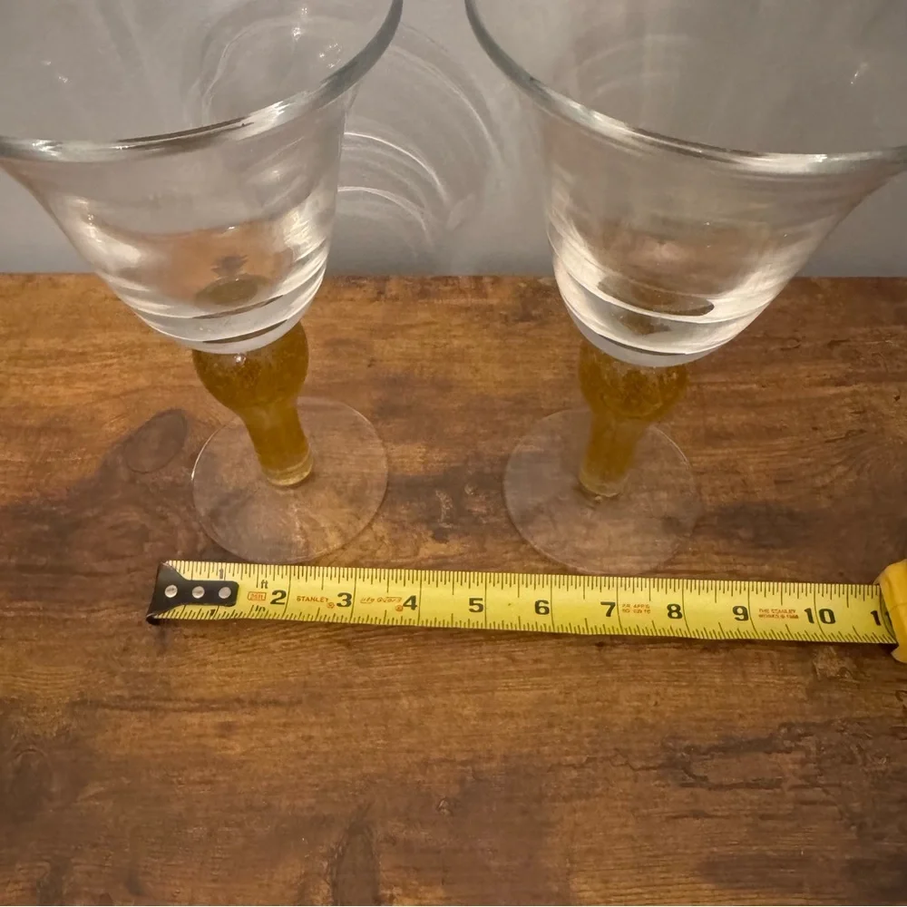 Vintage Amber Bubble‎ Stem Art Glass Wine Goblets Clear Bowl Set Of 2 Retro MCM